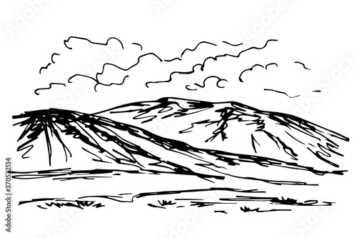Simple vector ink drawing in engraving style. Silhouette of mountains on the horizon, clouds, hills, nature, foothills. Rock landscape, wildlife.