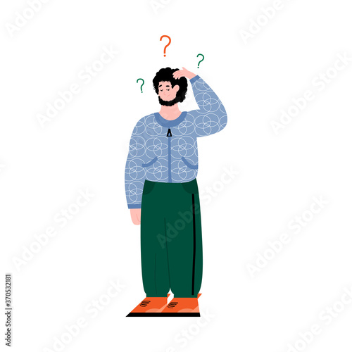 Confused man with question marks floating above his head - male, cartoon character standing and scratching his hair isolated on white background. Vector illustration. © Kudryavtsev