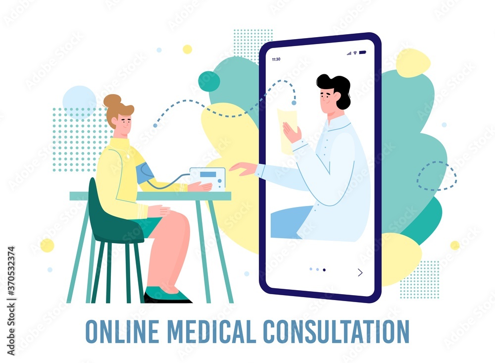 Obraz premium Remote medical consultation of a female patient and doctor. The therapist examines the patient using a mobile phone. Concept of medical care online. Flat vector illustration