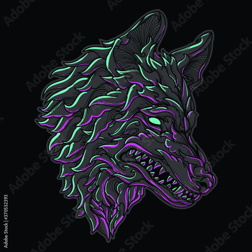 artwork illustration and t-shirt design wolf head engraving ornament premium vector