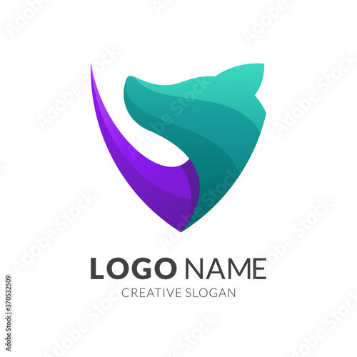 dog and shield logo template, modern 3d logo style in gradient purple and green color