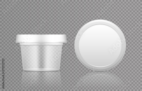 Empty transparent cosmetic jar with cap top view mockup for lotion, cream, mousse, powder. Plastic package design. Blank beauty product or medical care container template. 3d vector illustration