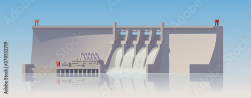 Hydroelectric power plant. 3d power station on white background. Vector illustration