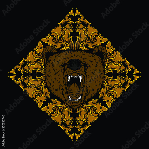 artwork illustration and t-shirt design bear head with engraving ornament premium vector
