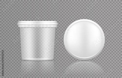 Empty transparent bucket with cap top view mockup for ice cream, yoghurt, mayo, paint, or putty. Plastic package design. Blank food or decor product container template. 3d vector illustration