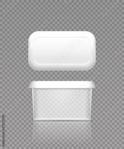 Empty transparent butter, soft cheese or margarine container with lid mockup - front and top view. Blank plastic food package cream, yogurt, dessert, spread. Product template. 3d vector illustration