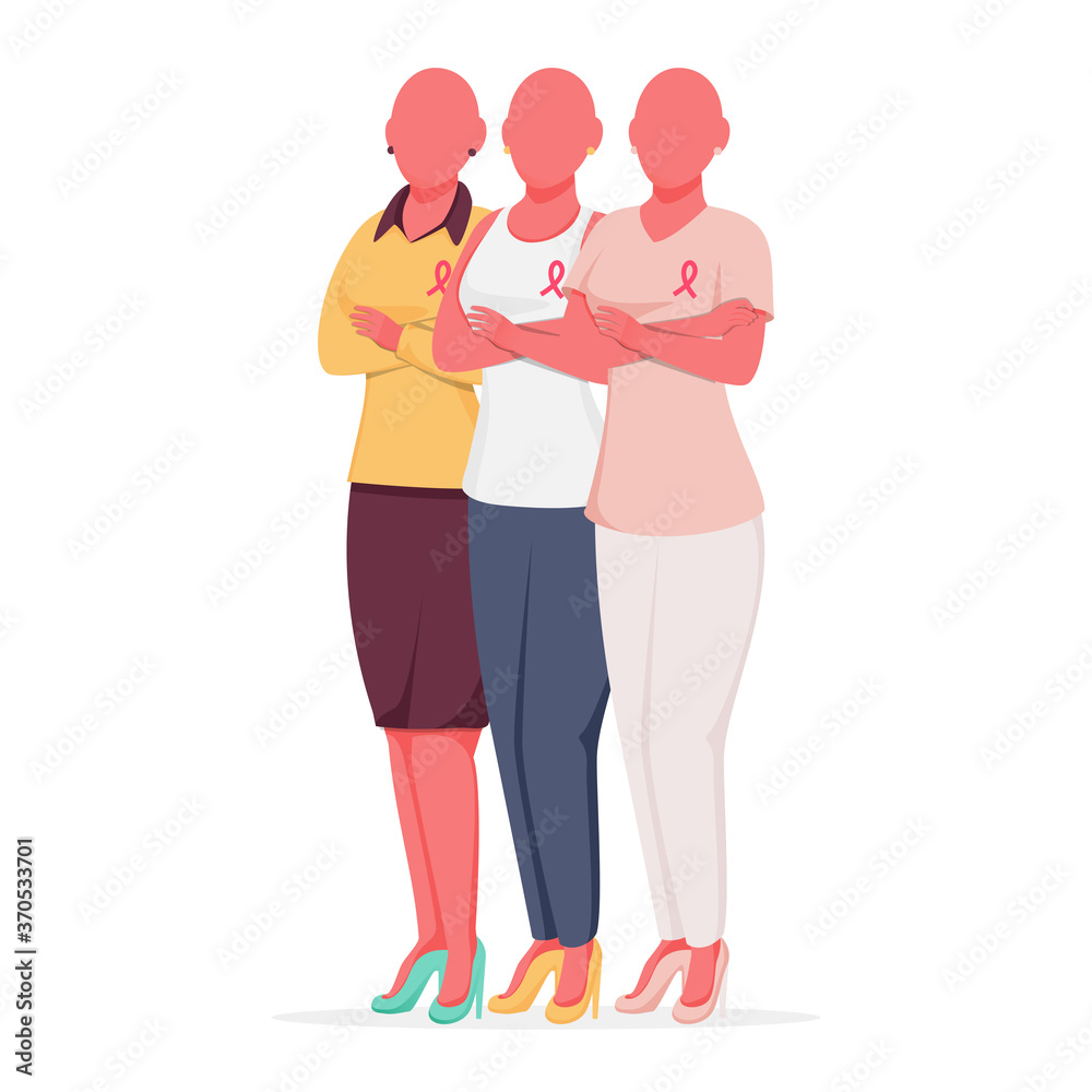 Bald Female Group wear Breast Cancer Ribbon in Standing Pose on White Background.