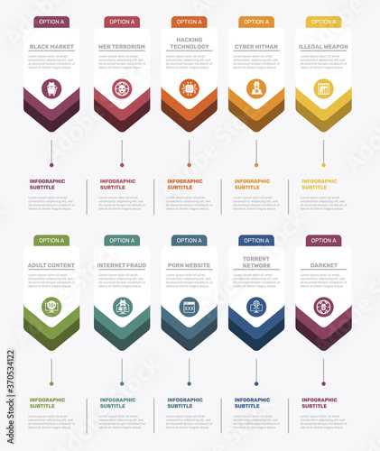 Infographic Banned Internet template. Icons in different colors. Include Black Market, Web Terrorism, Hacking Technology, Cyber Hitman and others.
