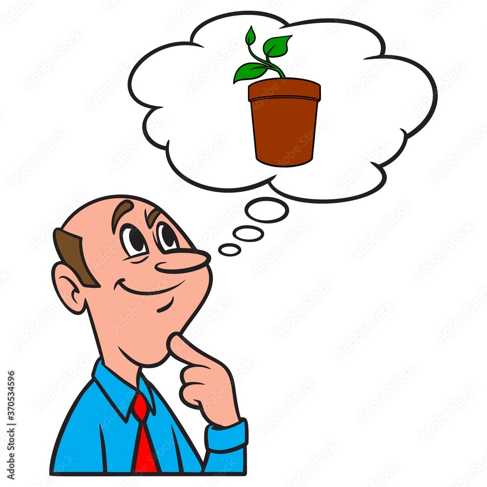 Thinking about a Potted Plant - A cartoon illustration of a man thinking about a potted plant. Thinking about a Potted Plant - A cartoon illustration of a man thinking about a potted plant.