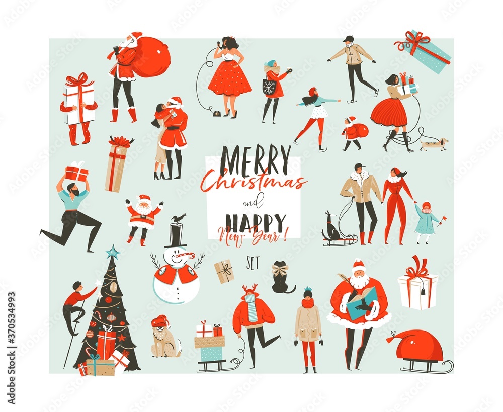 Hand drawn vector abstract Merry Christmas and Happy New Year time big cartoon illustrations collection set design elements with Santa Claus,people,xmas tree and dog isolated on white background