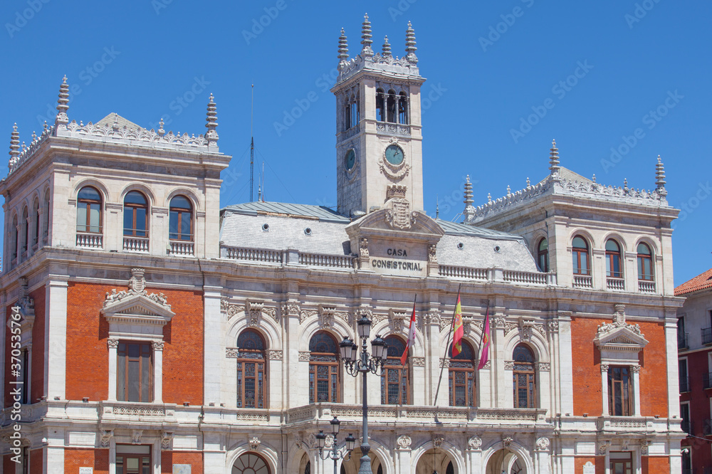 Valladolid, Spain - July 18th, 2020: Main Square or Plaza Mayor of Valladolid, Spain. Emblematic location of the city