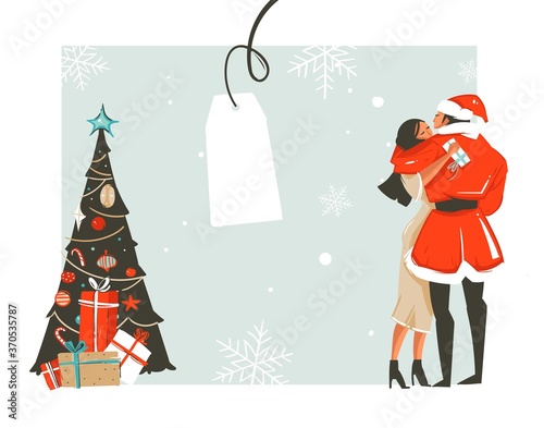 Hand drawn vector abstract fun Merry Christmas time cartoon illustration with romantic couple who kissing and hugging,xmas tree and place for your text isolated on white background