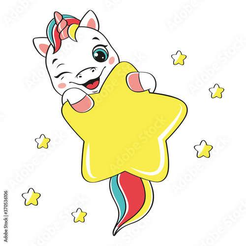 Cute baby unicorn with star. Cartoon vector illustration