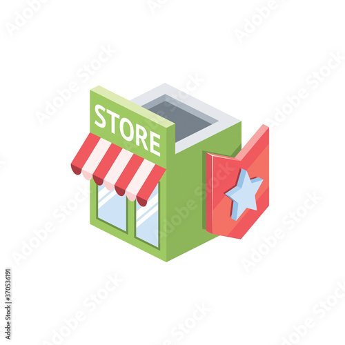Store front medal star. Vector 3d isometric, color web icons set, new flat style. Creative illustration, idea for infographics.