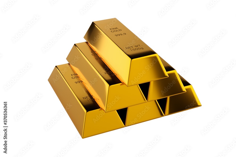Shiny gold ingots or bars pyramid over white background - precious metal or money investment concept, 3D illustration