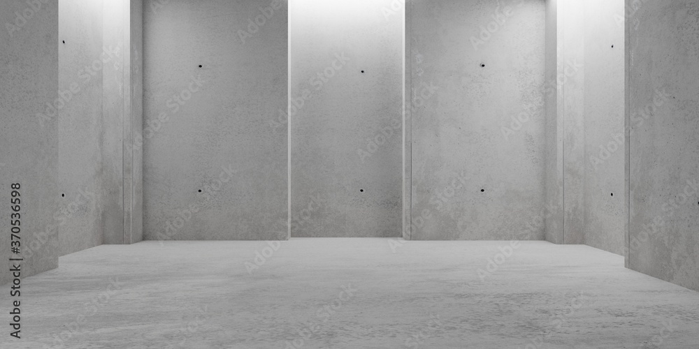 Abstract empty, modern concrete walls room with indirect lit backwall with opening and rough floor - industrial interior or gallery background template - obrazy, fototapety, plakaty 