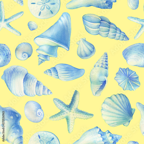 Seamless pattern with underwater life objects - blue sea shells, marine starfish. Watercolor hand drawn painting illustration isolated on yellow background.
