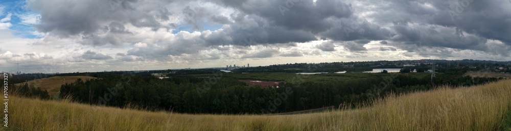 Beautiful panoramic view of a park with dark stormy clouds in the sky, Millennium parklands, Newington, Sydney, New South Wales ,Australia
