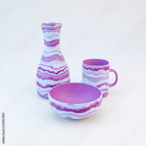 Ceramic set. Vase, bowl and cup. White and pink. Interesting texture - scrolls and swirls. On a white background. 3d illustration.