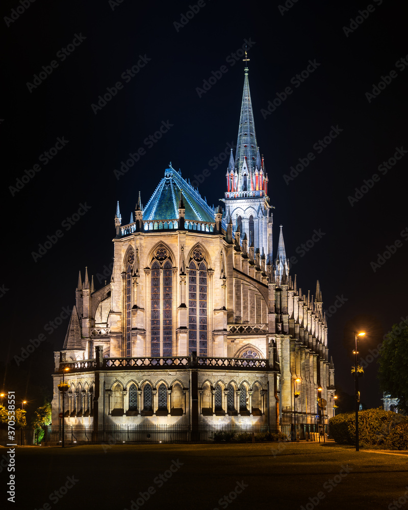 Night view of Basilica of Our Lady of Refuge in Rouen. First church in France to be built in the Gothic Revival style.