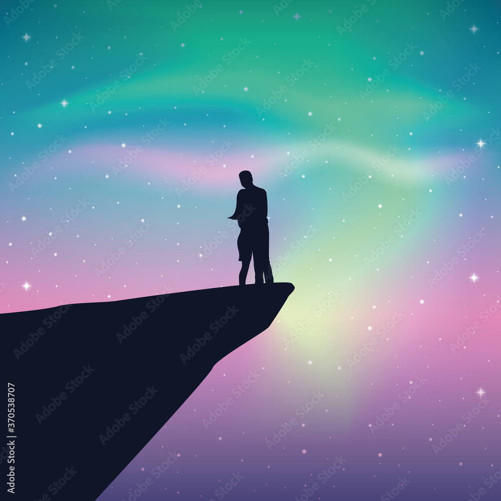 couple on a cliff looks in the colorful starry sky with aurora borealis vector illustration EPS10