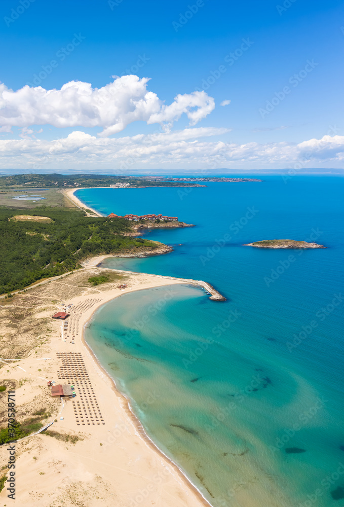 Aerial panoramic view of picturesque Black sea coastline with Arkutino reserve, Saint Thomas resort and the Snake island, Bulgaria