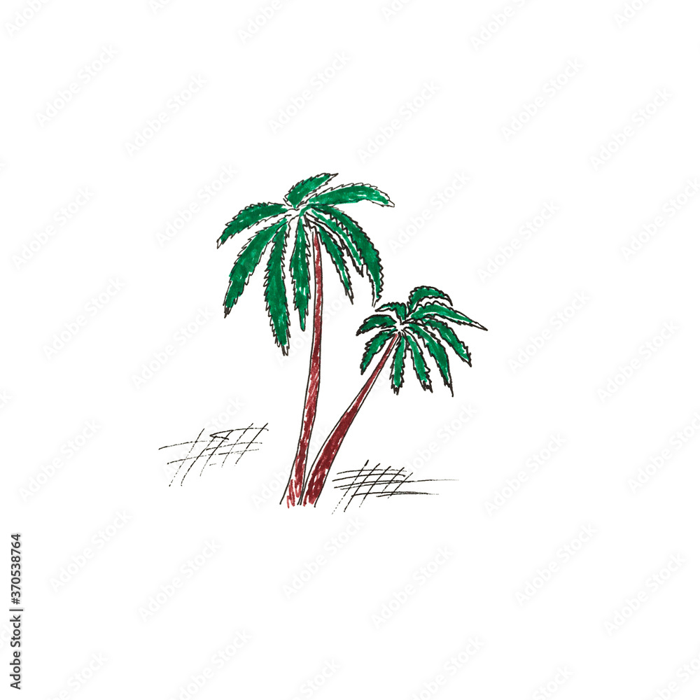 Obraz premium Hand drawn palm trees with green leaves. Doodle style illustration for wallpapers, textiles, fashion banners, cards, posters.