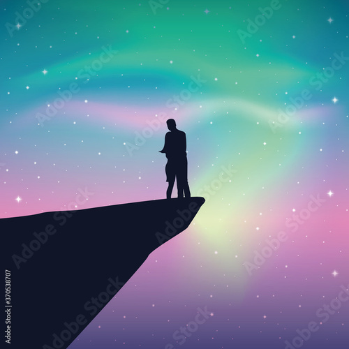 couple on a cliff looks in the colorful starry sky with aurora borealis vector illustration EPS10