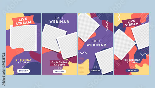 Abstract Colorful Instagram Stories Template or Flyer Layout with Empty Square Frame in Four Options.
