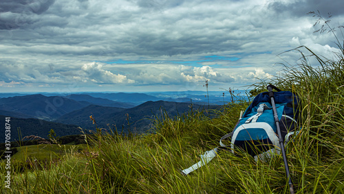 Fototapeta Naklejka Na Ścianę i Meble -  Backpack on a hill in the mountains. BIeszczady Poland.