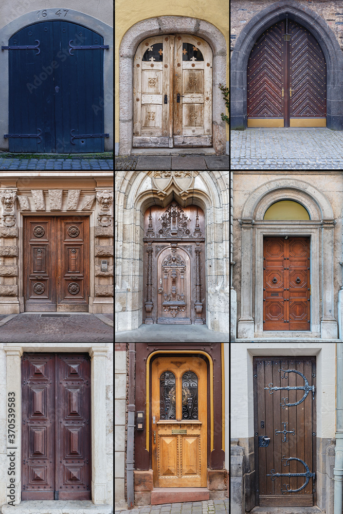 Old wooden doors with beautiful metal and wood trim in the historical part of various European cities