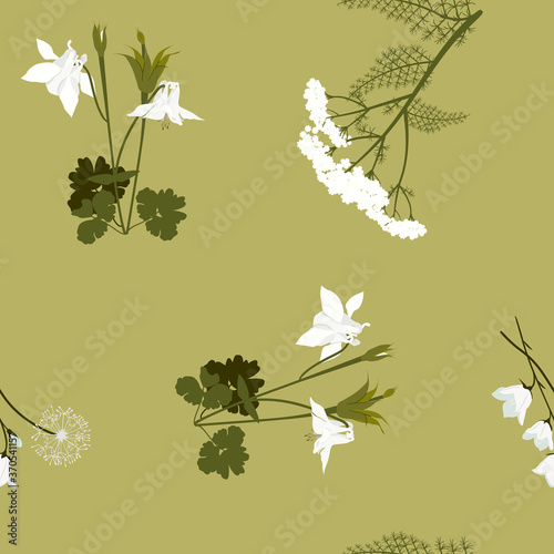 Seamless vector illustration with aquilegia and yarrow