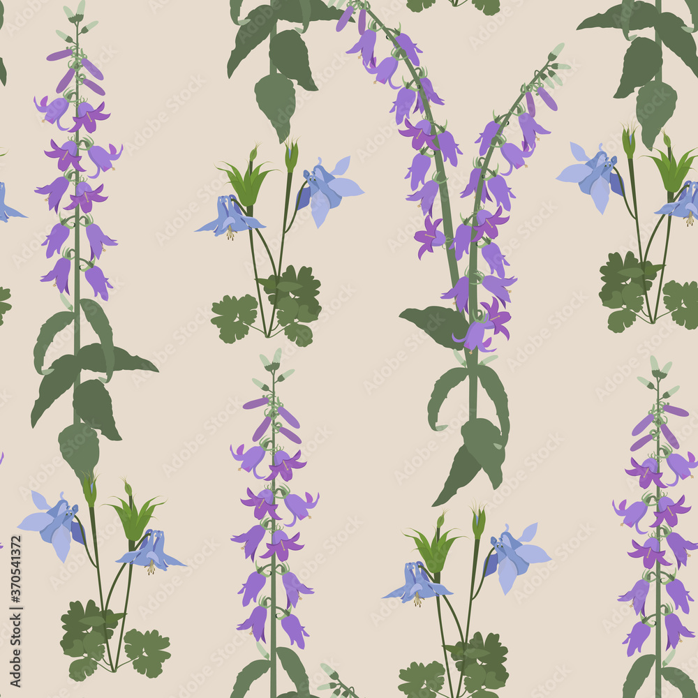 Seamless vector illustration with wild bells and aquilegia