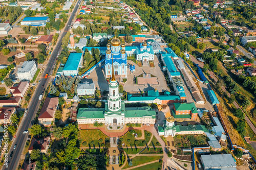Zadonsk, Russia. Vladimir Cathedral of the Zadonsk Nativity of mother of God monastery, aerial view.