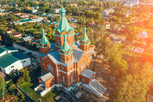 Russia, Zadonsk. Cathedral of Holy Trinity in Zadonsk Trinity monastery, aerial view from drone.