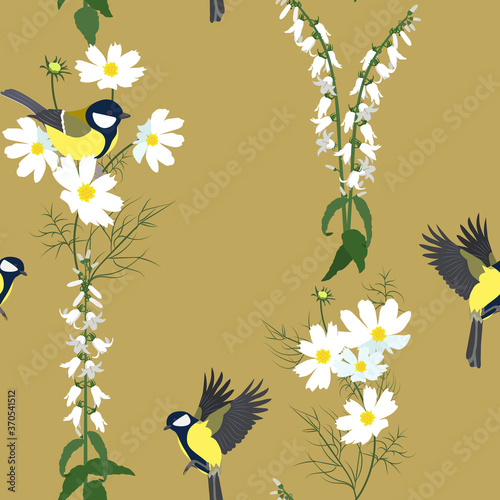 Seamless vector illustration with campanula and birds