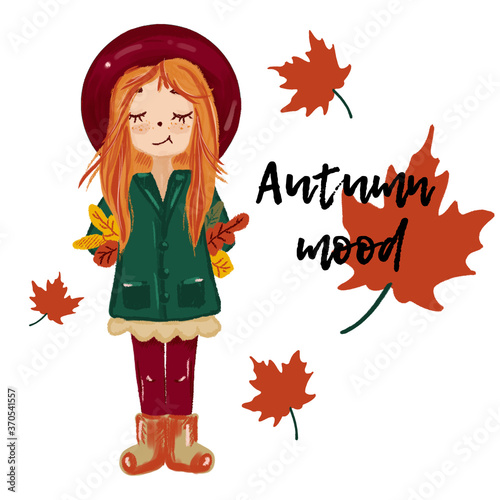 Autumn girl in hat with red hair  freckles  smile and close eyes in green coat and red boots keeping bouchet of autumn leaves