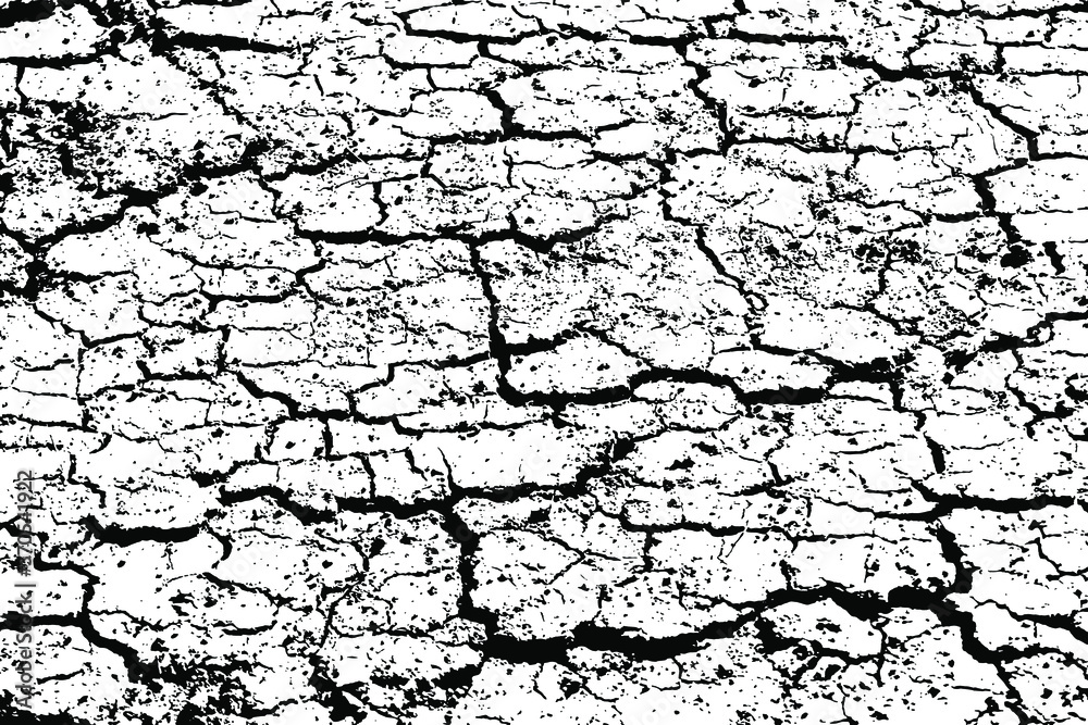 Grunge natural texture of dry cracked soil. Monochrome background of a dry desert surface with cracks, spots, noise and grain. Overlay template. Vector illustration