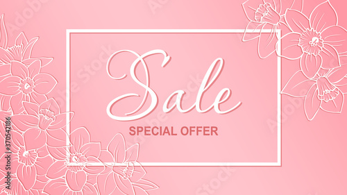 Floral sale banner with soft pink background, white outline daffodils looks like openwork paper cut flowers. Vector illustration for seasonal design of banner, flyer, poster, web site.