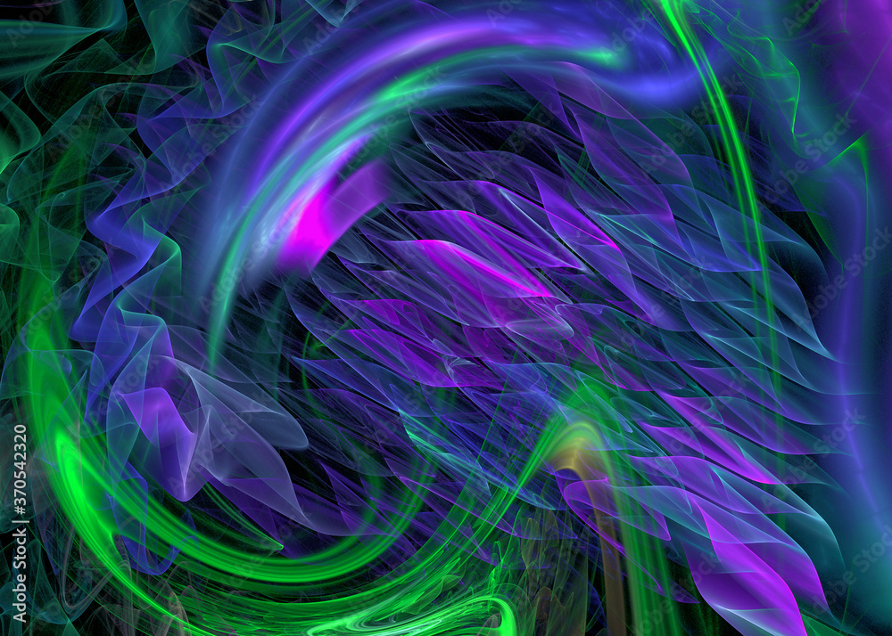 Colorful thin ribbons twist in a wave and zigzag on a black background. Abstract fractal background. 3d rendering. 3d illustration.