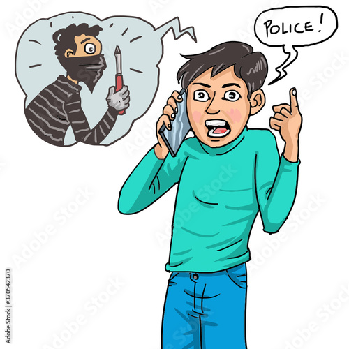 A boy makes a call to the police station for catching the thief.