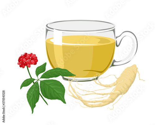 Ginseng tea in a glass cup. Vector illustration of a healing drink, ginseng root and plant isolated. Cartoon flat style.