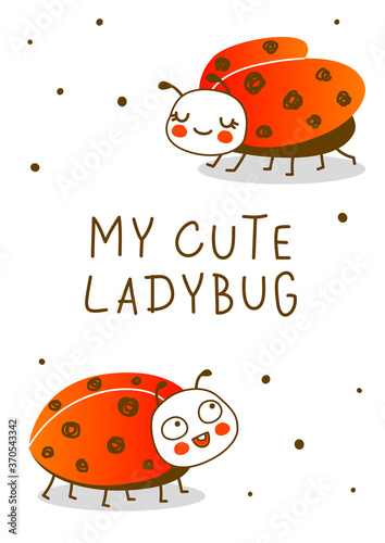 Cute little ladybugs isolated on white background - cartoon character for funny greeting card and poster design
