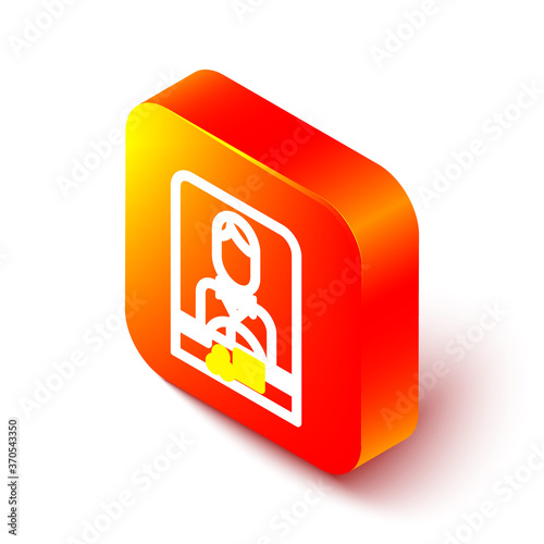 Isometric line Casino dealer icon isolated on white background. Casino croupier. Orange square button. Vector Illustration.