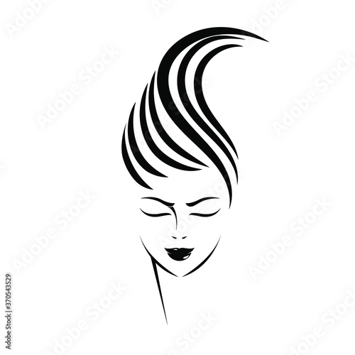 Woman with long, wavy hair and elegant makeup.Beauty salon, hairstyle studio, cosmetics and spa logo.Young lady portrait illustration.Front view face.