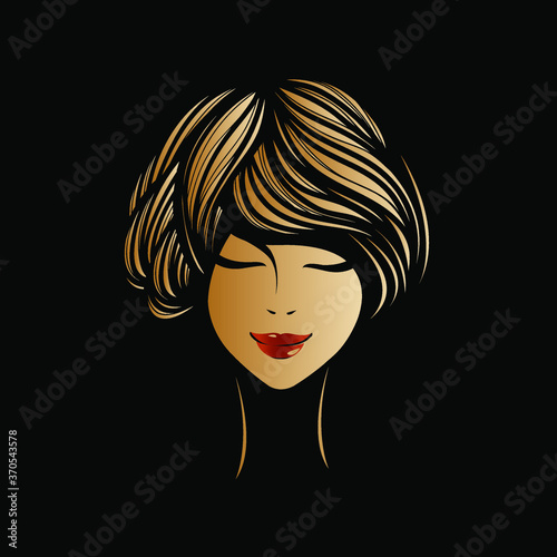 Woman with short haircut, blonde hair and elegant makeup.Beauty salon, hairstyle studio, cosmetics and spa logo.Young lady portrait illustration.Front view face.Shiny golden color.