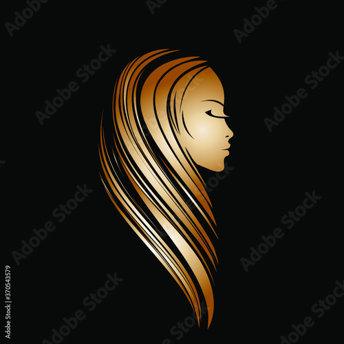 Woman with long, blonde hair and elegant makeup.Beauty salon, hairstyle studio, cosmetics and spa logo.Young lady portrait illustration.Profile view face.Shiny golden color.
