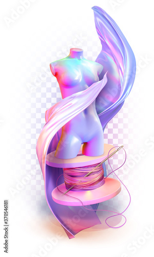 Female mannequin figure stands on a stand from a spool of thread into a developing iridescent fabric. The concept of couturier, fashion design, fashion store. 3d vector illustration isolated.