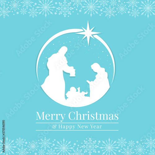 Merry christmas and happy new year banner with white Nativity of Jesus scene and start on blue snow background vector design