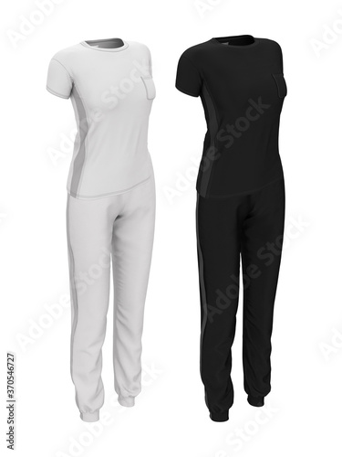 Women's sweatpants and a T-shirt. 3d realistic black and white render of clothing template isolated on white background. Mock up for print design. Sports uniform.